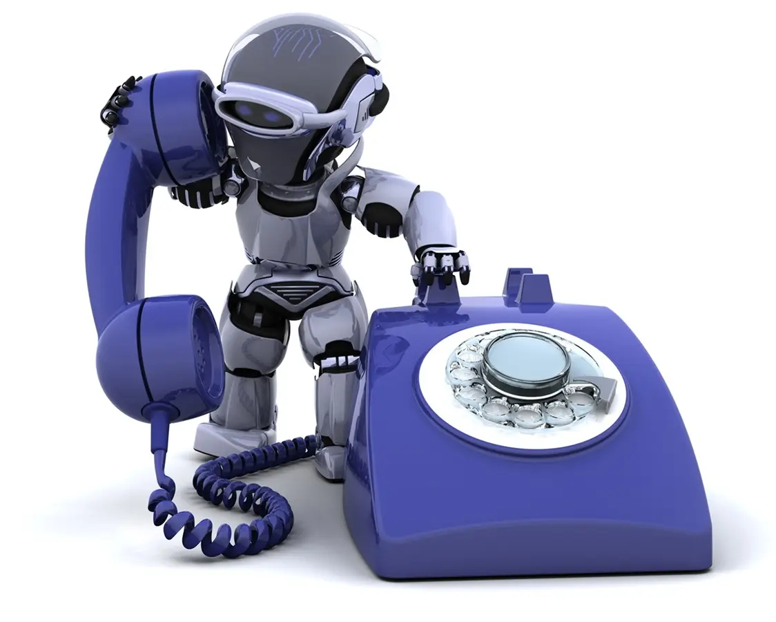 Un robot 3D face à un téléphone à cadran, illustrant les limites de l'intelligence artificielle face à la relation humaine.